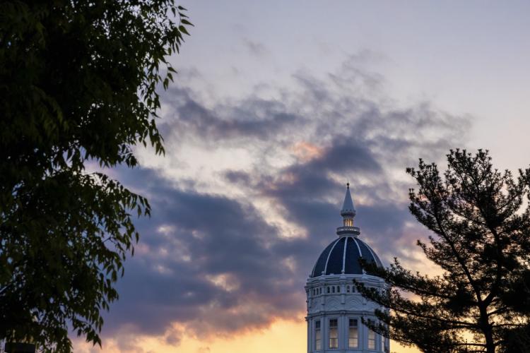 A domed building silhouette at sunset, with a clear spire. The sky is a mix of soft pink, orange, and purple hues, framed by leafy trees. Calm mood.